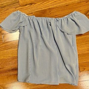 Off the shoulder blue and white top